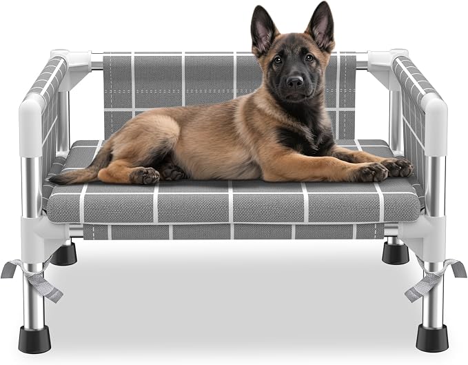 Elevated Dog Bed with Guardrail and Cushion, Raised Pet Bed for Small Dogs | 3-sided safety fence and soft cotton fabric. Anti-slip feet for stable indoor relaxation and outdoor activities