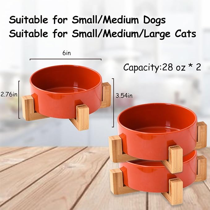 Petygooing Ceramic Dog Cat Bowl Set with Stand - Medium Dog Bowls, Anti-Slip Set of 2 - 28 OZ /3.6 Cups - Rust Red