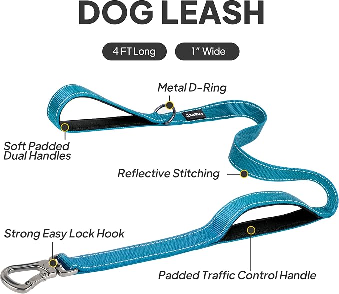 PetiFine 4FT Heavy Duty Dog Leash with Soft Padded Double Handle | Traffic Handle Extra Control,Auto Lock Hook,Reflective Nylon Walking Lead for Large,Medium,Small Breed Dogs