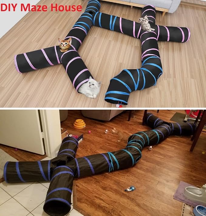 Cat Tunnels, Pet Ferret Rabbit Bunny Tunnels Tubes Subway Habitats, S-Style, DIY Cat Peekaboo Maze House Tent Bed, Kitten Interactive Toy (S Type: 5 Way Tubes)