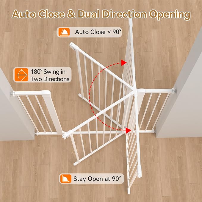 43 inch Tall Safety Dog Gate Adjustable 29.7-57 inch Extra-Wide Metal Pet Gate Drill-Free Pressure-Mount Installation kit Self-Closing Cat Gate for Stairwells、Doorways（White）