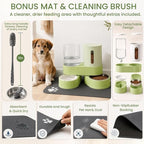 Gravity Cat Feeder 2 Pack Automatic Food Feeder Stainless Steel Water Dispenser Set 360° Rotatable Pet Bowls with Silicone Mat and Brush for Cats Small Medium Dogs, Large Capacity(Green)