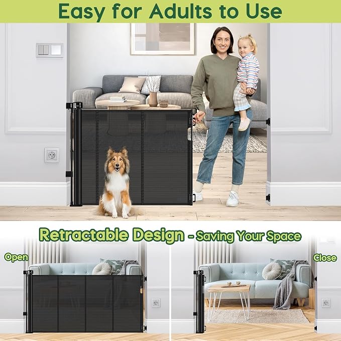 2 Pack Reinforced 55" Wide Retractable Baby Gates with Reinforced Strips, Indoor/Outdoor Retractable Dog Gate for Doorway Prevent Bottom Drilling Through, No Bottom Bar Safety Mesh Baby Gate for Stair