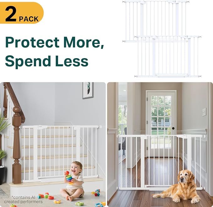 Cumbor Pack of 2 Baby Gate for Stairs, 29.7–48" Pressure Mounted Dog Gate for Doorways, Auto Close Safety Pet Gate Indoor, Easy Walk Thru Wide Child Gate, White, Mom's Choice Award Winner