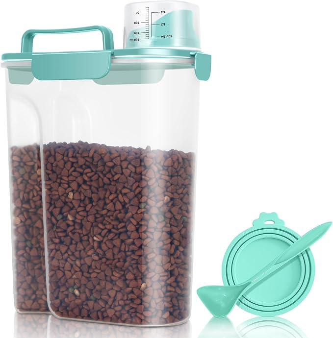 Pet Dog Cat Food Storage Container 5 to 7 lbs with Can Cover and Mixing Spoon, Airtight Travel Pet Food Storage Dispenser with Easy-pouring Spout & Cup, Kibble Dog Treat Bird Seed Container -Cyan