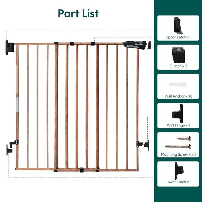 Babelio No Bottom Bar Baby Gate, 28" H x 26-43" W, Brown Wood Pattern | Easy Install| One-handed Opening| Auto-close| Drill Needed Indoor Safety Dog/Pet Gate for Stairs, Hallways & Doorways