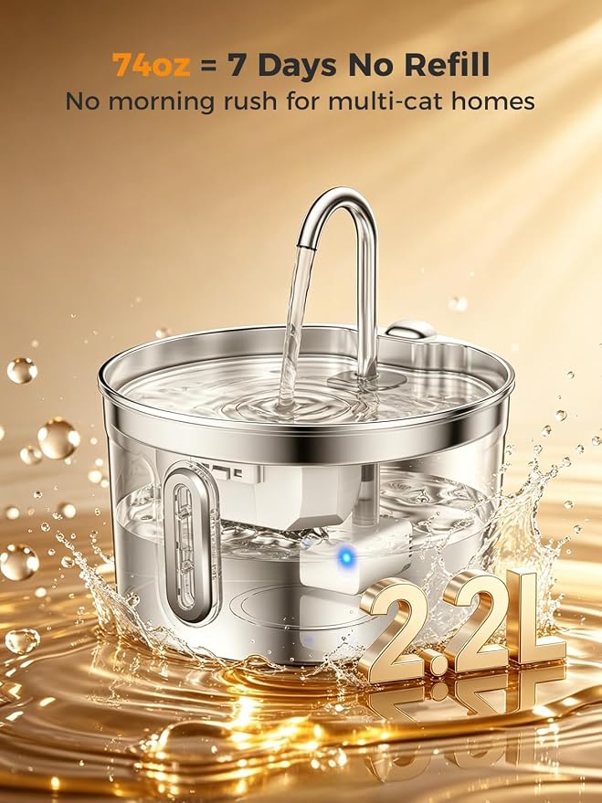 Stainless Steel Cat Water Fountain - 74oz/2.2L Ultra-Silent | 2 Filters Included, Visible Water Level, Dishwasher Safe, for Indoor Cats & Small Dogs