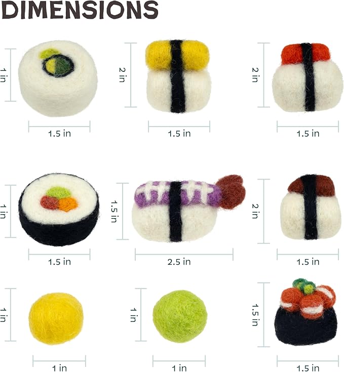 Woolbuddy Wool Cat Toys (Sushi 9 PCS) for Indoor Cats & Kittens Catnip-Free | 100% Pure Wool Felt Interactive Cat Toys, Catnip-Free for Bored Cats, Teething Kittens, Redirect Cat's Destructive Energy