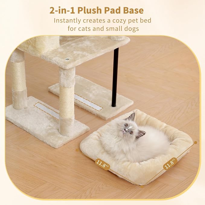 Heybly Cat Tree, 45.3" Cat Tower for Indoor Cats with Large Perch HCT202SM | All-in-One Cat Furniture with Cozy Bed, Hidden Space Cat Condo, Comfy Hammock, Scratching Posts & 3 Pompoms, Beige
