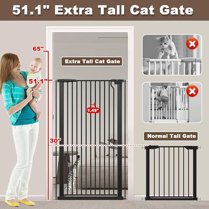 Fairy Baby 51.1" Extra Tall Pet Gate 29.5"-32.6" Wide Dog Gate for Doorways | Adjustable Auto Close Tall Cat Gate, Pressure Mounted Baby Safety Gates, 1.37" Narrow Bar Spacing Metal Gate Indoor, Black