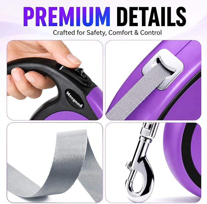 Double Retractable Dog Leash for Two Dogs Up to 115 lbs - 18.6 ft Coupler Leashes for Small Medium Dogs - One Locked System, Non Slip Grip, Tangle Free (Purple)