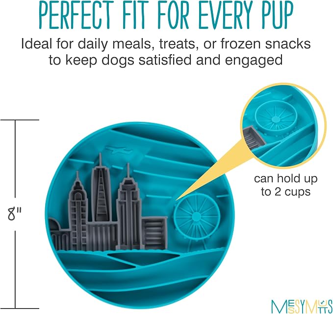 Messy Mutts Round Slow Feeder, 8 Inch, 2 Cup, Blue | 8 Inch Round Silicone Puzzle Slow Feeder For Dogs And Cats, Holds 2 Cups, Dishwasher Safe