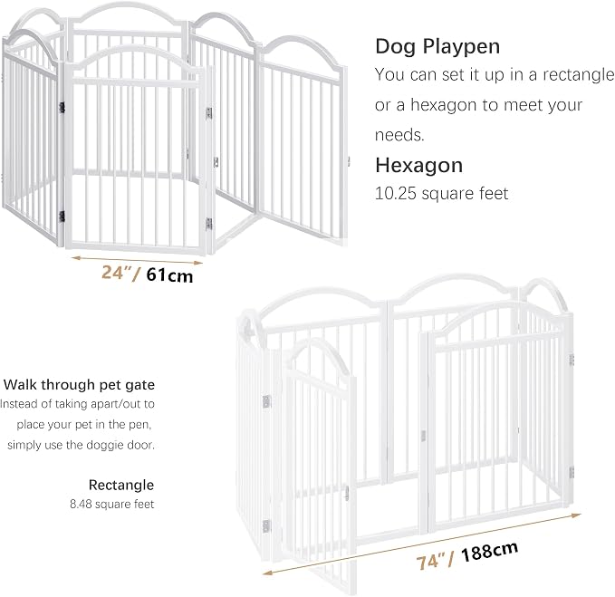 BHG Metal No-Assembly Freestanding Dog Gate with Door Walk Through, Extra Wide 144", Extra Tall 32" Pet Gate, Accordion Puppy Folding Playpen Dog Fence for Indoor & Outdoor, with 2PCS Support