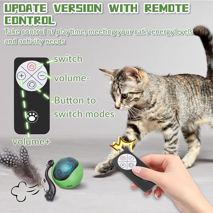 Interactive Cat Toy Ball, Automatic Self-Rolling Cat Toy with Feather Tail, Rechargeable Smart Cat Ball for Indoor Cats（Dark Green）