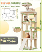 Taoqimiao Cat Tree for Large Cats, 72In Tall Cat Tower, Giant Platform | Widened Cat Condo with Large Scratch Board, 5 Scratching Posts, Metal Frame Hammcock, Cozy Basket, Beige, MS045M