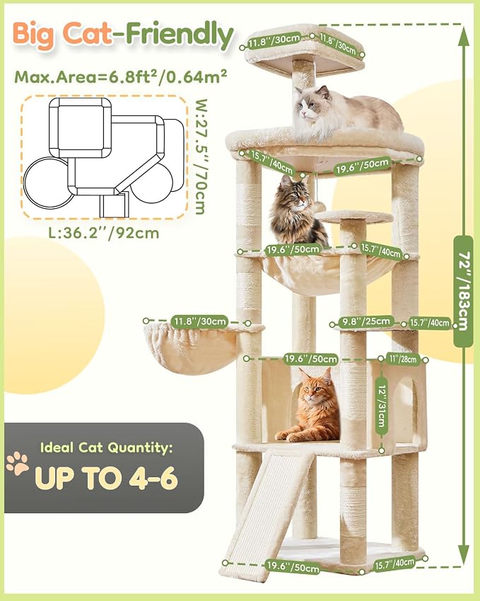Taoqimiao Cat Tree for Large Cats, 72In Tall Cat Tower, Giant Platform | Widened Cat Condo with Large Scratch Board, 5 Scratching Posts, Metal Frame Hammcock, Cozy Basket, Beige, MS045M
