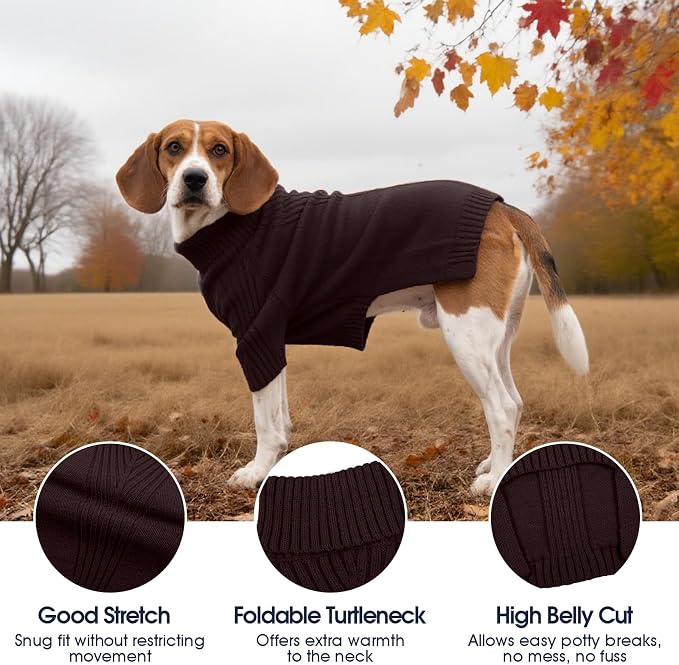 IECOii XXL Dog Sweater,Thermal Knit Big Dog Sweater with Sleeve,Pet Turtleneck Doggy Sweatshirt for Extra Large Dogs Boy Girl,Stretchy Large Dogs Cold Weather Outfit Pitbull Clothes,(Brown,XXL)