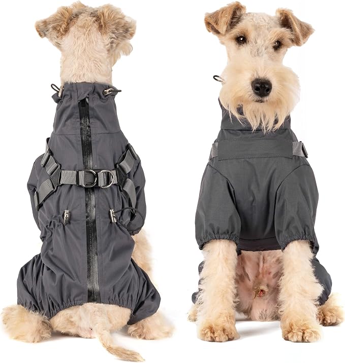 Mile High Life Waterproof Dog Raincoat, Full Coverage Small Dog Rain Coat with Harness, Adjustable 4 Legs Puppy Rain Jacket with Reflective Strip and Elastic Cuffs (Gray, XXS Back Length 9.8")