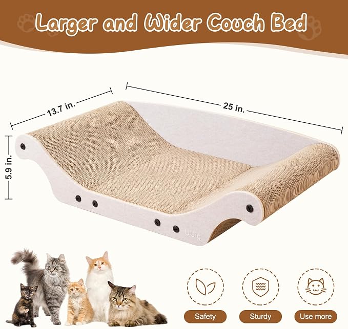 Cat Scratcher Bed 25" Large Cardboard Cat Scratcher Couch | Cat Scratcher Sofa for Large Cats, Abrasion Resistant Curve Cardboard Cat Sofa, Widened Scratch Pad for cats with catnip
