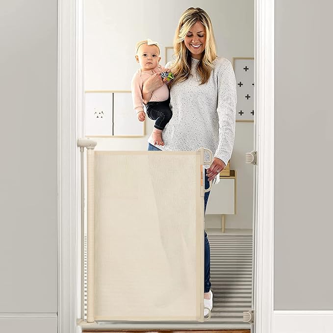 Momcozy Retractable Easy-to-Use Mesh Baby Gate | 33-Inch Tall, Extends to 55-Inch Wide, for Stairs, Doorways, Hallways, for Pet Dogs and Cats, Indoor/Outdoor Baby Gate
