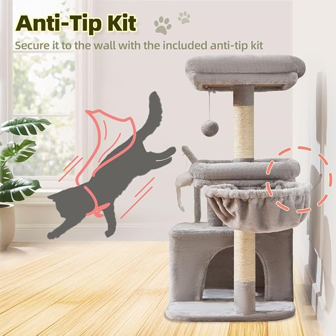Taoqimiao 32.2in Cat Tree with Toy, Small Cat Tower for Indoor Cats, MS043W | Easy assembly, Sturdy, Multi Level, Easy Clean, Cozy Condo, Perches, Baskets, Suitable for Kittens and Adult Cats