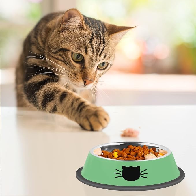 Serentive 2 Pcs Non-Slip Stainless Steel Small Cat Food Bowls - Unbreakable, Thicken 7 Oz Cat Dishes - Indoor, Removable Rubber Base, Easily Clean, Lovely Color
