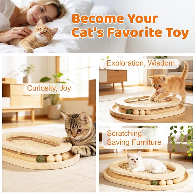 Cat Scratcher, Sisal Scratch Pad with Interactive Ball Track | No Assembly, Natural Sisal, Solid Base, Track with 3 Wooden Balls + 1 Catnip Ball, No Slip Pads, for Cat Exercise Sleep Chase