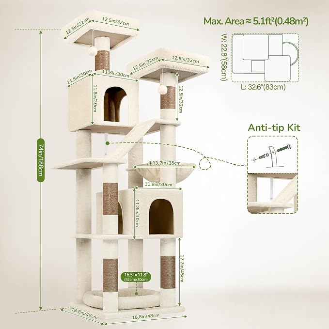 Globlazer F74D Cat Tree for Large Cats 20+ lbs, 74in Tall Tower, Beige | Easy Assembly, Maine Coon, Large Cats, 2 Condos, Steel-Rim Basket Bowl, Plush Bed, 2 Perches, Sisal Posts, Anti-Topple Strap