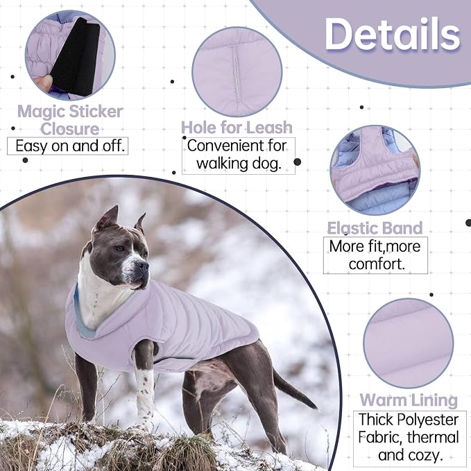 Lelepet Reversible Dog Coat Windproof Dog Puffer Jacket Lightweight Vest | Winter Jacket Warm Cold Weather Coat for Medium Dogs Adjustbale Hook & Loop Pet Apparel with Leash Hole, Pug, Purple, M