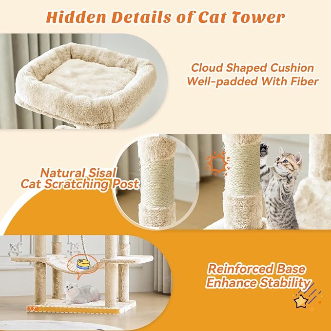 Sweetcrispy 66 Inch Cat Tree Tower, Multi Level with Hammock, Beige | Cat Climbing Tower with Natural Sisal Scratching Posts, Hammock, Pet Condo for Indoor Cats and Kittens Play