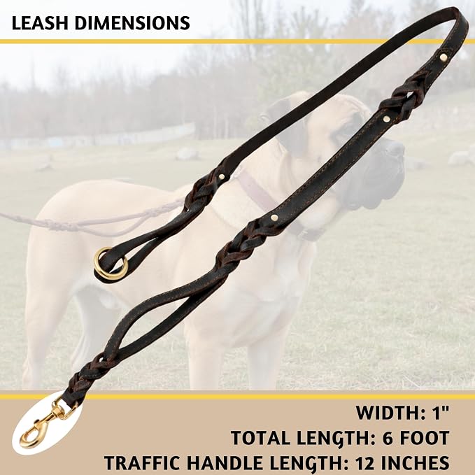 ADITYNA 6ft Leather Dog Leash with Traffic Handle for Extra-Large Dogs | Heavy-duty braided leather leash, 1" width x 6ft, Double handle for extra control, ideal for training & busy sidewalks.