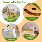 5-in-1 Cat Puzzle Box Toy for Indoor Cats Boredom Relief Interactive Wooden Cat Enrichment Maze with Balls, Feather Wands & Spiral Springs, Slow Feeder Treat Dispenser for Kittens & Adult Cats