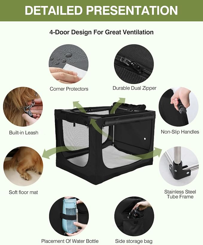 42 x 31 x 31 Inch Collapsible Soft Dog Crate for Dogs Up to 90 lbs, Portable Travel Pet Kennel with 4 Zip Doors, Foldable Indoor Outdoor Crate with Mat, Carry Bag, Black