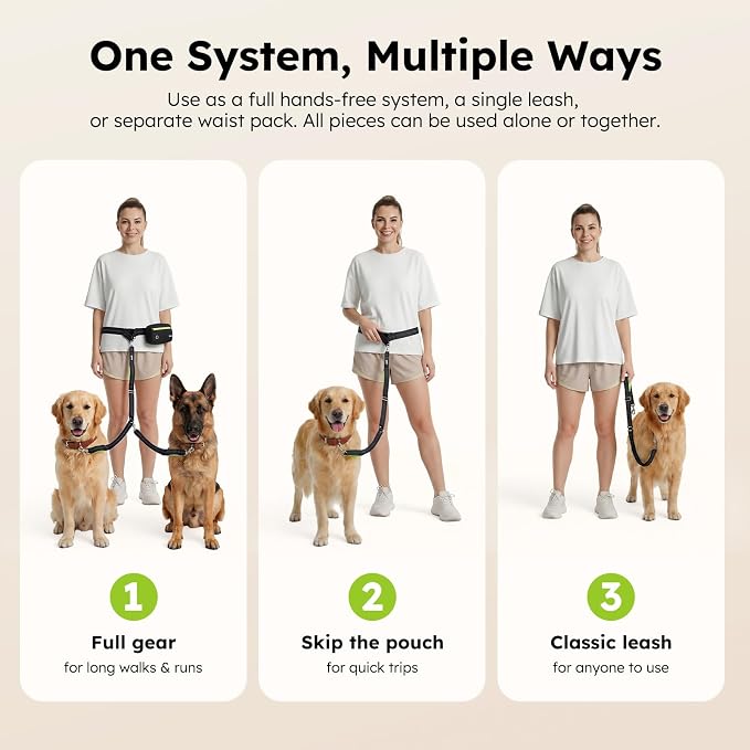 Pecute Hands Free Dog Leash for 2 Dogs, Waist Belt with Pouch, No Tangle | Shock absorbing bungee, dual padded handles, detachable waterproof fanny pack, heavy duty for large dogs, running & walking