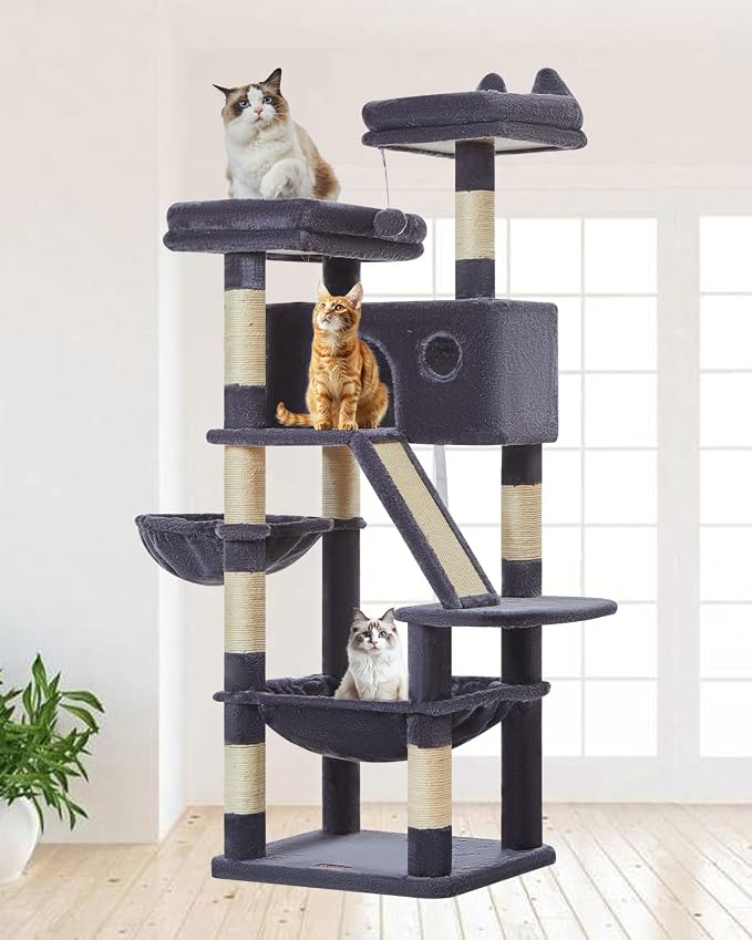 Taoqimiao Sturdy Cat Tree, 58In Cat Tower for Indoor Cats Large Adult | Spacious Cat Condo, 2 Cute Perches, Metal Frame Hammock, 1 Scratch Board, 8 Natural Sisal Posts, Basket, Smoky Gray, MS026G
