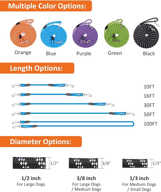 Long Dog Leash for Training - 10FT/16FT/30FT/50FT/100FT, Reflective, Heavy Duty for Large, Medium, Small Dogs - Walking, Playing, Camping, Yard