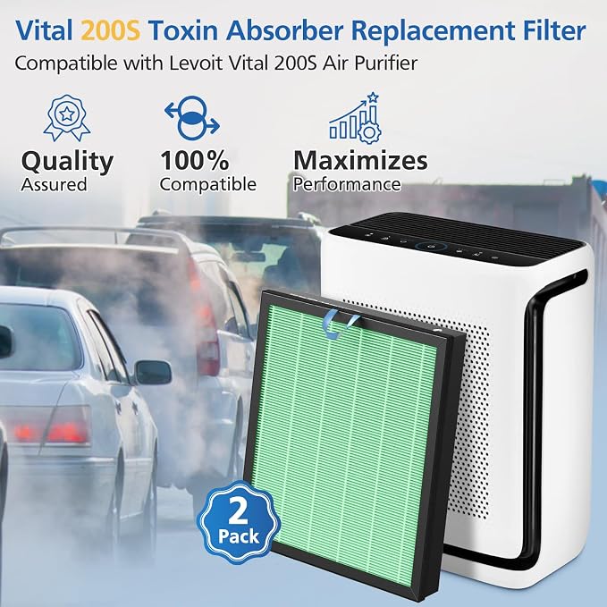 Vital 200S-P Toxin Replacement Filter for LEVOIT Vital 200S Air Purifier | 3-in-1 Filtration with Activated Carbon Vital 200S Filter, Vital 200S-RF-TX(LRF-V201-GUS) for Toxin, Dust, Smoke,2 Pack,Green