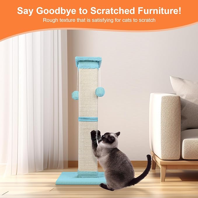 Cat Scratching Post 33 Inch Nature Sisal Cat Scratch Post for Indoor Cats, Large Cat Scratcher Protect Your Furniture, Cyan