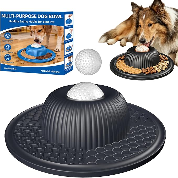 2-in-1 Dog Slow Feeder Bowl & Lick Mat with 2 Rotatable Balls, No-Slip Silicone Anxiety Relief Treat Mat for Dogs & Cats, Dishwasher Safe (Black)