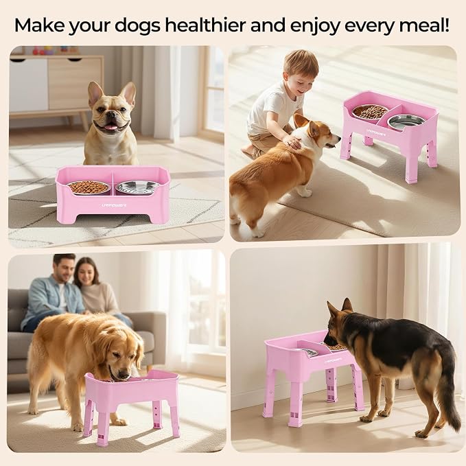 URPOWER Mess Proof Elevated Dog Bowls, Splash Guard Raised Bowl Stand | 4 Height Adjustable Raised Stand with 2 Stainless Steel Food Bowls & Licking Plate for Small, Medium & Large Dogs
