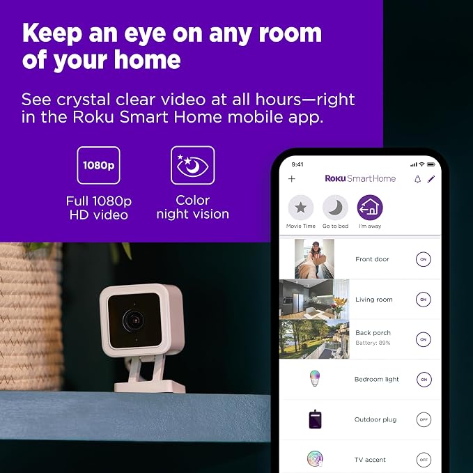 Roku Indoor Camera for Home Security, 2-Pack - Wired Security Camera with 1080p HD Color Night Vision, Compatible with Alexa & Google, Motion & Sound Detection, Built-in Siren (Renewed)