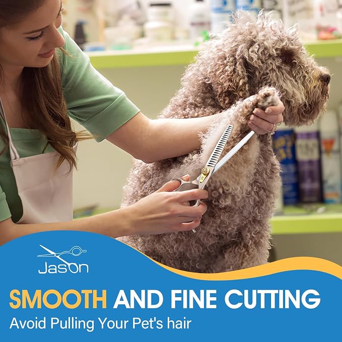 JASON Dog Grooming Chunker Scissors - 7" Thinning Shears 21 Fishbone Teeth | Professional, Japanese 440C Stainless Steel Diamond Screw Scissor, Gift