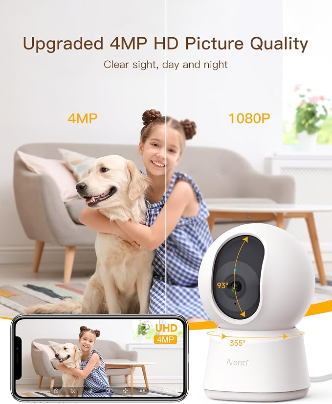 ARENTI 4MP Pet Camera P2Q, 5G WiFi 6 Indoor Security Camera, Free Phone App | Pan/Tilt, Auto Tracking, AI Human/Motion/Sound Detection, Night Vision, 2-Way Audio, Custom Zones, Timer Cruise, Sleep Mode