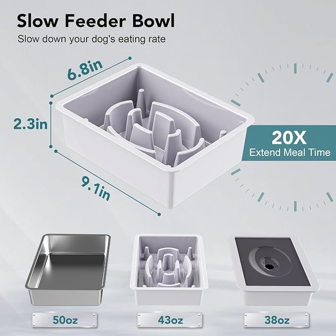 UPSKY 3-in-1 Elevated Dog Bowls: Slow Feeder, Adjustable Stand, No Spill Dispenser - Stainless Steel Food & Water Bowl for Small to Medium Dogs, White