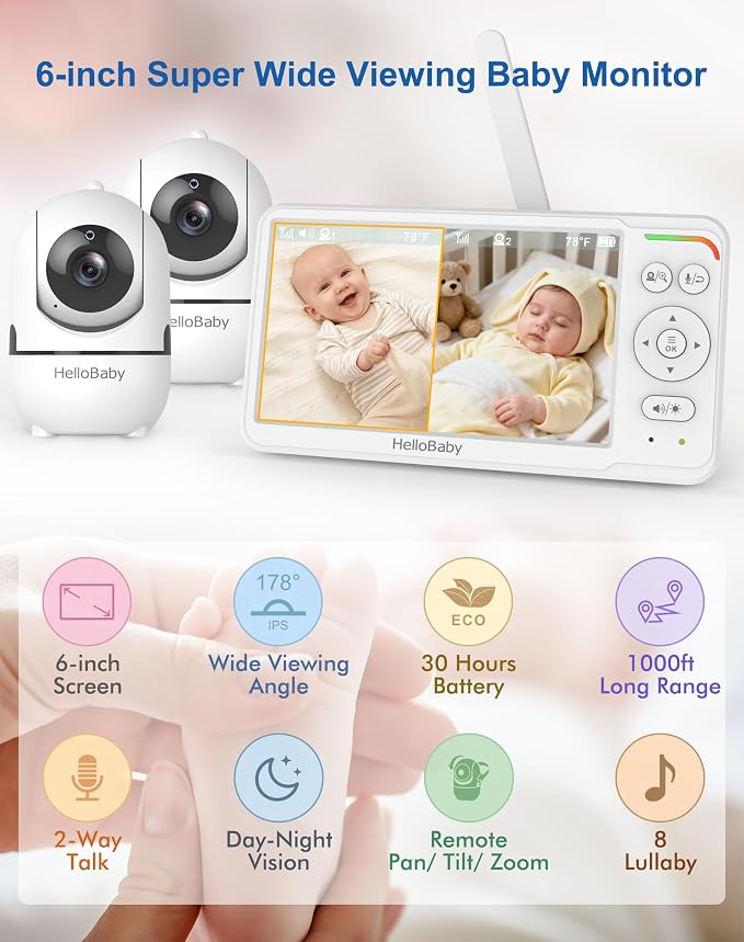 HelloBaby Baby Monitor with 2 Cameras, World First 6" IPS Split Screen, Double Cams No WiFi, 30H Battery, 1000ft Range, 2-Way Audio, Pan-Tilt-Zoom, VOX, Night Vision, 8 Lullabies, Ideal for Twins
