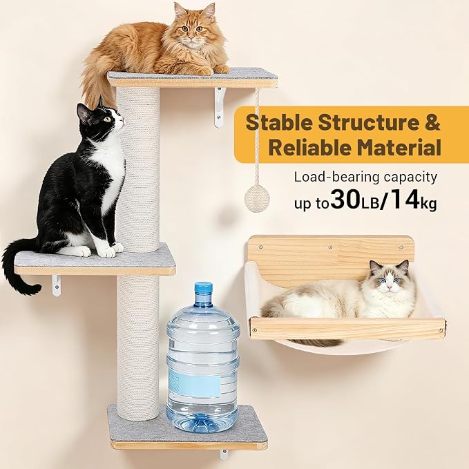 Wall Mounted Cat Shelves Set with Hammock | Sisal Scratching Posts, 3 Wooden Steps, Space-Saving Cat Tree, For Indoor Cats Up to 30 lbs