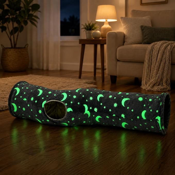 Cat Tunnel Tube with Plush Ball Toys Collapsible Self-Luminous Photoluminescence, for Small Pets Bunny Rabbits, Kittens, Ferrets,Puppy and Dogs Grey Moon Star (S-Shape)