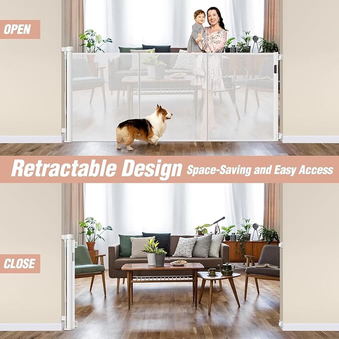 Reinforced 42" Extra Tall x 75" Wide Retractable Gate with Support Rods - Prevent Crawling Under Extra Tall Baby Gate Retractable Dog Gate Indoor Long Dog Gate Outdoor Retractable Pet Gate, White | Tall Retractable Baby Gate Prevents Crawling Under, Sp...