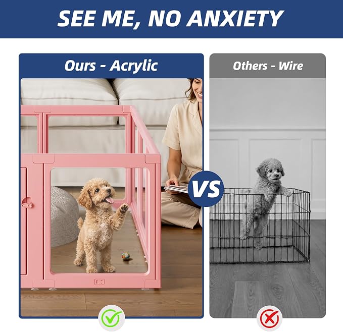 Clear Acrylic Dog Playpen Indoor, Puppy Cat Small Pet Play Pen, Pet Cat Playpen for Rabbits, Dog Fence Crate Kennel Whelping Cage (Pink, 10 Panel)