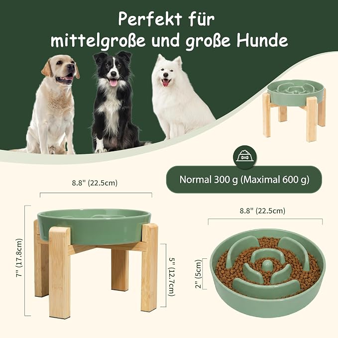 Elevated Slow Feeder Dog Bowl, 8.8" Ceramic Maze Dog Bowl with Stand | 3.2 Cups Slow Feeding Dog Dish for Fast Eaters, 7" Tall Anti-Slip Raised Slow Feeder for Medium to Large Breeds, Green